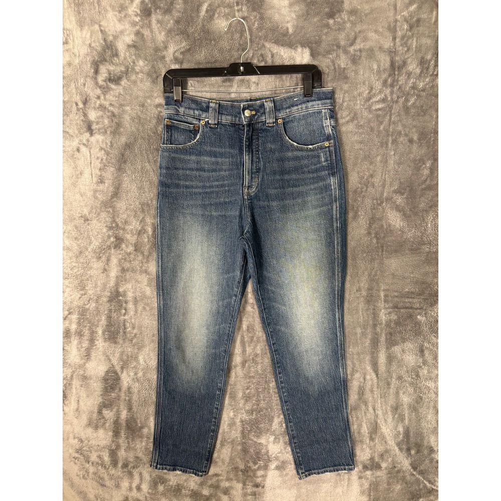 Madewell High Rise Straight Leg Jeans Medium Wash Blue Denim Distressed Hem